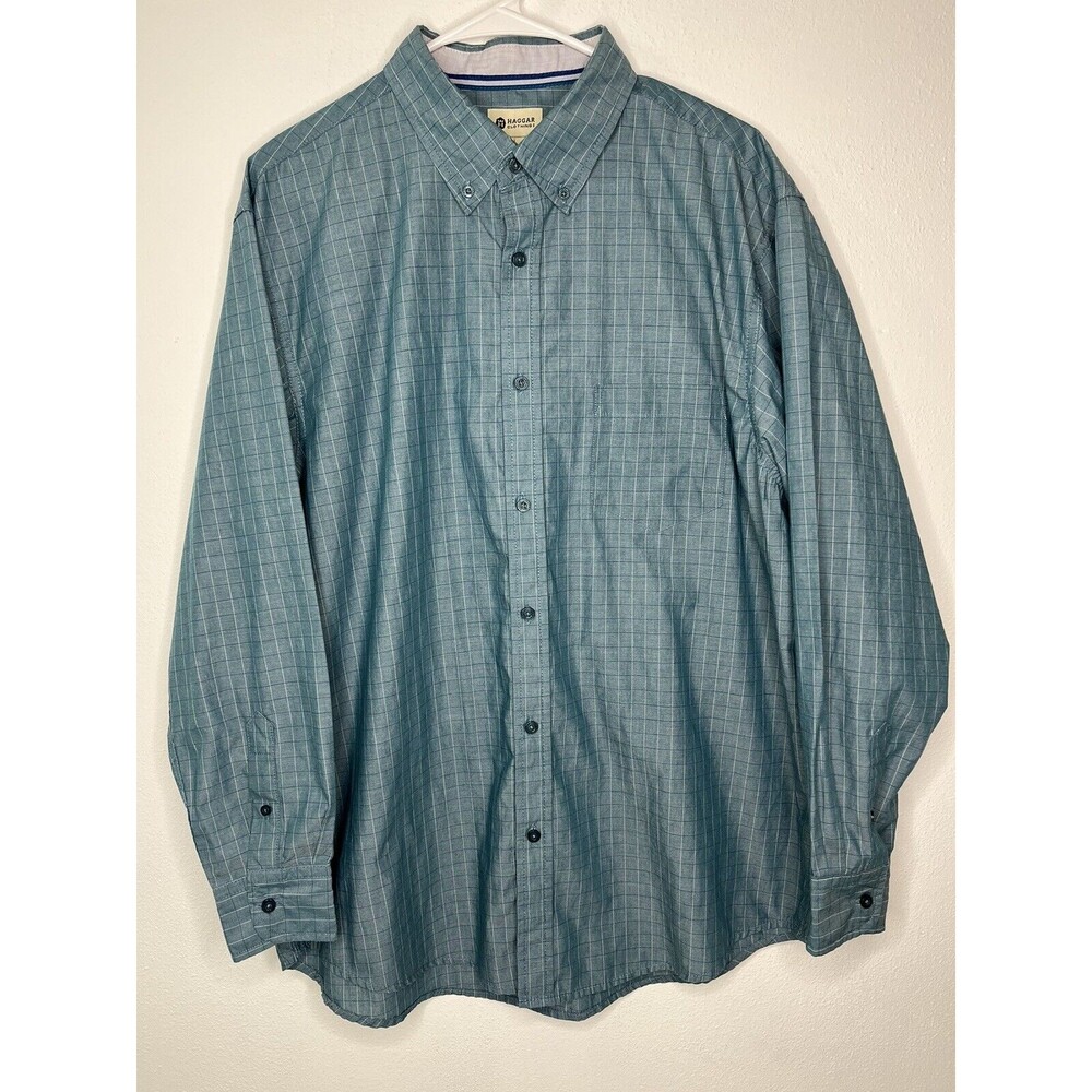 Haggar Clothing Mens Shirt Large Button Down Long Sleeve Plaid Stripe Green